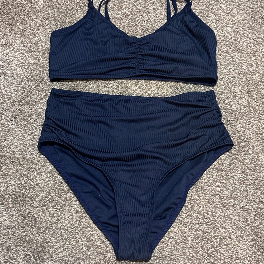 Navy Ribbed High-Waisted Bikini Set | Size Large